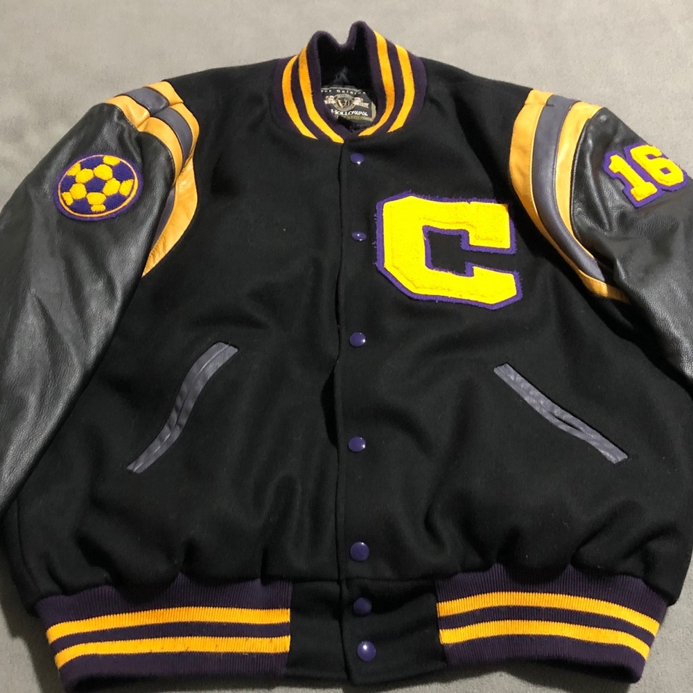 Holloway Purple Gold & Black Unisex Wool & Leather Varsity Letterman Jacket Read